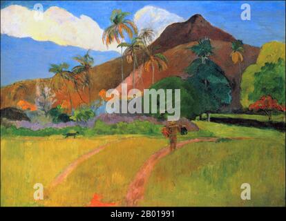 Tahiti: 'Montagnes Tahitiennes' (Tahitische Landschaft). Öl auf Leinwand von Paul Gauguin (7. Juni 1848 - 8. Mai 1903), 1891. Paul Gauguin wurde 1848 in Paris geboren und verbrachte einen Teil seiner Kindheit in Peru. Er arbeitete als Börsenmakler mit wenig Erfolg und litt an schweren Depressionen. Er malte auch. 1891 segelte Gauguin, frustriert durch mangelnde Anerkennung zu Hause und finanziell mittellos, in die Tropen, um der europäischen Zivilisation und "allem, was künstlich und konventionell ist" zu entkommen. Seine Zeit dort war das Thema von viel Interesse sowohl damals als auch in der Neuzeit. Stockfoto