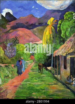 Tahiti: 'Rue de Tahiti' (Straße in Tahiti). Öl auf Leinwand von Paul Gauguin (7. Juni 1848 - 8. Mai 1903), 1891. Paul Gauguin wurde 1848 in Paris geboren und verbrachte einen Teil seiner Kindheit in Peru. Er arbeitete als Börsenmakler mit wenig Erfolg und litt an schweren Depressionen. Er malte auch. 1891 segelte Gauguin, frustriert durch mangelnde Anerkennung zu Hause und finanziell mittellos, in die Tropen, um der europäischen Zivilisation und "allem, was künstlich und konventionell ist" zu entkommen. Seine Zeit dort war das Thema von viel Interesse sowohl damals als auch in der Neuzeit. Stockfoto