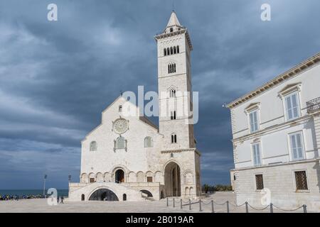 Westfront der Kathedrale von Trani, die dem Heiligen Nikolaus, dem Pilgrim, in Trani, Apulien, Italien, geweihte Kathedrale. Stockfoto