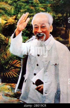 Vietnam: Präsident Ho Chi Minh (19. Mai 1890 - 3. September 1969) in Hanoi, c.. 1950s. Hồ Chí Minh, geboren in Nguyễn Sinh Cung und auch bekannt als Nguyễn Ái Quốc, war ein vietnamesischer revolutionärer Führer, der Premierminister (1946-1955) und Präsident (1945-1969) der Demokratischen Republik Vietnam (Nordvietnam) war. Er gründete die Demokratische Republik Vietnam und leitete die Viet Cong während des Vietnamkrieges bis zu seinem Tod. Stockfoto