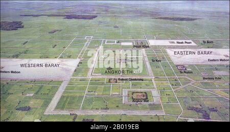 Kambodscha: Diagramatische Karte der wichtigsten Stätten in Angkor, Provinz Siem Reap. Angkor war die Hauptstadt des Khmer-Imperium, das von ungefähr 9. bis 13. Jahrhunderten blühte. Das Wort Angkor leitet sich vom Sanskrit Nagara ab, was „Stadt“ bedeutet. Die angkorianische Periode begann im Jahre 802 n. Chr., als der Hindu-Monarch Jayavarman II. Von Khmer sich zum 'universellen Monarchen' erklärte und bis 1431 andauerte, als Ayutthayan-Invasoren die Hauptstadt Khmer plünderten, was die Bevölkerung nach Süden in das Gebiet von Phnom Penh einwanderte. Stockfoto
