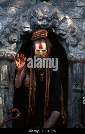 Nepal: Eine Aghori Baba (eine heterodoxe Hindu-Sekte), Pashupatinath, Kathmandu. Sie sind, verschiedentlich, als Sadhus (Heilige oder 'gute'), Yogis (asketische Praktizierende) bekannt, Fakiren (asketischer Sucher nach der Wahrheit) und Sannyasine (wandernde Bettelmönchen und Asketen). Sie sind die asketischen – und oft exzentrischen – Praktizierenden einer strengen Form des Hinduismus. Geschworen, irdische Wünsche abzuwerfen, entscheiden sich manche dafür, als Anchoriten in der Wildnis zu leben. Andere sind weniger pensioniert, vor allem in den Städten und Tempeln des nepalesischen Kathmandu-Tals. Stockfoto