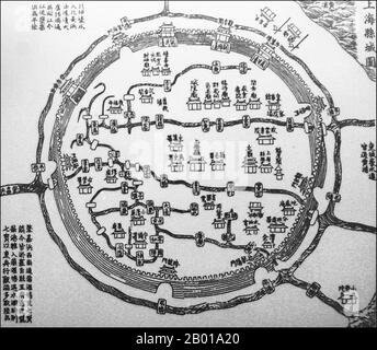 China: Eine chinesische Karte der Altstadt von Shanghai, 1553. Die Altstadt von Shanghai (Shànghăi Gùchéng) bezieht sich auf die älteste Gegend Shanghais, die oft einfach als Nanshi, "Südstadt", bezeichnet wird, da sie südlich der alten internationalen Siedlungen lag. Sie ist kreisförmig und wurde früher von einer Verteidigungsmauer umgeben. Zu den bemerkenswerten Merkmalen gehört der Stadtgotttempel, der sich im Zentrum der Altstadt befindet und mit dem Yuyuan-Garten verbunden ist. Heute wurden die meisten Mauern durch breite kreisförmige Alleen ersetzt, die Renmin Lu im Norden und Zhonghua Lu im Süden. Stockfoto