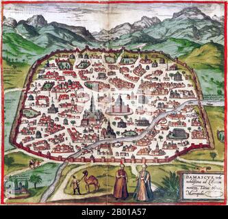 Syrien: Karte des mittelalterlichen Damaskus, von Georg Braun (1541. - 10. März 1622) und Frans Hogenburg (1535-1590), 1588. Georg Braun war ein deutscher Topo-Geograph. Von 1572 bis 1617 hat er das Civitates orbis terrarum herausgegeben, das 546 Perspektiven, Vogelansichten und Stadtkarten aus der ganzen Welt enthält. Das sechsbändige Werk wurde von Sebastian Münsters Cosmographia inspiriert. Die Braun-Publikation setzte seit über 100 Jahren neue Maßstäbe in der Kartographie. Frans Hogenberg schuf die Tabellen für die Bände I bis IV, und Simon van den Neuwel schuf die Tabellen für die Bände V und VI. Stockfoto