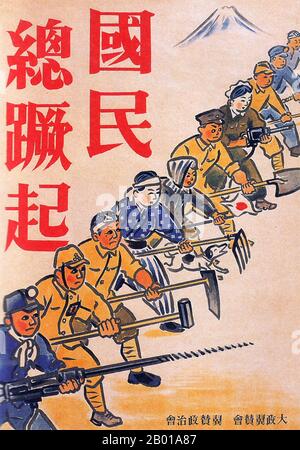 Japan: „Aufstieg, Alle Japanischen Bürger!“, Imperial Rule Assistance Association, 1940. Ende 1920s und 1930s entwickelte sich in Japan ein neuer Plakatstil, der den wachsenden Einfluss der Massen in der japanischen Gesellschaft widerspiegelt. Diese Kunstplakate waren stark von den aufkommenden politischen Kräften des Kommunismus und des Faschismus in Europa und der Sowjetunion beeinflusst und nahmen einen Stil an, der kühne Slogans mit künstlerischen Themen einarbeitete, die vom linken sozialistischen Realismus über Staatismus und staatlich gelenkte öffentliche Wohlfahrt bis hin zu Militarismus und imperialistischem Expansionismus reichten. Stockfoto