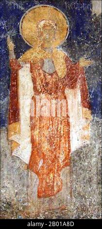 Mazedonien: Nestor von Thessaloniki, Begleiter des heiligen Demetrius von Thessaloniki (270-306 u.Z.). Wandgemälde in der Kirche des heiligen Demetrius, Marko-Kloster, Skopje, 14.. Jahrhundert. Nestor von Thessaloniki war von den Aktionen von Lyeios, einem furchteinflößenden Gladiator, der Christen in der Arena verspottete und quälte, bewegt, um den inhaftierten heiligen Demetrius zu sehen und um seinen Segen zu bitten, den Gladiator zu bekämpfen. Demetrius gab seinen Segen, und auch mit seinem Glauben an Gott betrat Nestor die Arena und schlug Lyeios nieder. Der Tod des Gladiators verärgerte Kaiser Maximian, der Nestors Tod durch seine eigene Klinge anordnete. Stockfoto