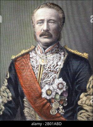 Großbritannien: Generalmajor Charles George Gordon, CB (28. Januar 1833 – 26. Januar 1885). Gravur von C. G. Cook (fl. 19. Jahrhundert), Ende 19. Jahrhundert. General Charles George Gordon (28. Januar 1833 - 26. Januar 1885), auch bekannt als Chinese Gordon und Gordon Pasha, war ein Offizier der britischen Armee, der im Krimkrieg und in China aktiv war, wo er die „immer siegreiche Armee“ anführte, die die Taiping-Rebellion niederlegte. Gordon wurde 1885 im Morgengrauen getötet und kämpfte während des Mahdistenkrieges gegen mahdistische Truppen. Der Mahdi hatte seinen Soldaten streng befohlen, Gordon nicht zu töten. Stockfoto