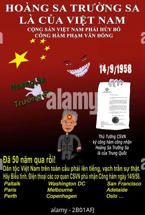 Vietnam/USA: Plakat von Übersee-Vietnamesen in den USA, das den nordvietnamesischen Pham Van Dong wegen seiner Zustimmung zu chinesischen Seeansprüchen im Jahr 1958 Angriff. Im Jahr 1958 gab die Volksrepublik China, nachdem sie das Festland China übernommen hatte und die Republik China mit der Kontrolle über Taiwan, Penghu, Kinmen, Matsu und einige vorgelegene Inseln verlassen hatte, eine Erklärung über eine 12 Seemeilen-Grenze der Hoheitsgewässer heraus, die die Spratly-Inseln umfassten. Nordvietnams Premierminister Phạm Văn Đồng schickte eine formelle Notiz, um diese Behauptungen anzuerkennen. Stockfoto