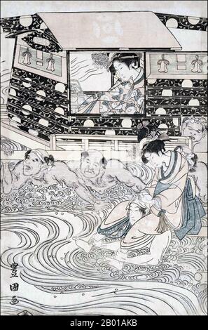 Japan: „Fair Travellers Fording the River Oi“. Teil eines Triptychon-Holzschnitts von Utagawa Toyokuni (1769. - 24. Februar 1825), c. 1800. Utagawa Toyokuni, auch oft als Toyokuni I bezeichnet, um ihn von den Mitgliedern seiner Schule zu unterscheiden, die seine gō (Künstlername nach seinem Tod) übernommen haben, war ein großer Meister von Ukiyo-e, insbesondere bekannt für seine Kabuki-Schauspielerdrucke. Utagawa war einer der Leiter der renommierten Utagawa-Schule japanischer Holzschnitt-Künstler und er war derjenige, der es wirklich in die Position des großen Ruhmes und der Macht brachte, die es für den Rest des 19. Jahrhunderts innehatte. Stockfoto