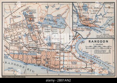 Burma/Myanmar: Karte von Rangun (Yangon) von Ernst Debes (1840-1923) & Henrich Wagner (1846-1921), Baedeker, 1914. Yangon, auch bekannt als Rangun (wörtlich: 'Ende des Streits'), ist eine ehemalige Hauptstadt Burmas (Myanmar) und die Hauptstadt der Region Yangon (ehemals Yangon Division). Obwohl die Militärregierung die Hauptstadt im März 2006 offiziell nach Naypyidaw verlegte, ist Yangon mit über vier Millionen Einwohnern weiterhin die größte Stadt des Landes und das wichtigste Handelszentrum. Die Infrastruktur von Yangon ist im Vergleich zu anderen Großstädten in Südostasien unentwickelt. Stockfoto