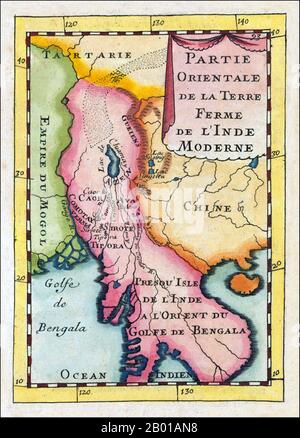 Asien: 'Partie Orientale De La Terre Ferme De L' Inde Moderne'. Karte von Indochina mit Teilen Indiens, Chinas und Zentralasiens und prominenter Darstellung des mythischen 'Lake Chiamay', von Alain Manesson Mallet (1630-1706), Paris, 1683. Kupferstich, handfarbig in Wash und Outline. Dekorative Kupferstichkarte mit dem Golf von Bengalen mit Burma und Thailand und den Nachbarländern. Mit mehreren eingravierten Namen von Flüssen und Regionen, darunter der mythische „Lake Chiamay“ oder „Lake Chiang Mai“, der als Quelle für viele der großen Flüsse Südostasiens gilt. Stockfoto