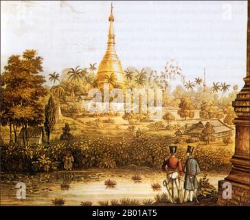 Burma/Myanmar: 'Blick auf die große Dagon-Pagode (Shwedagon-Pagode) in Rangun und Landschaft, die westlich der großen Straße liegt'. Stich von George Hunt (1797-1872), 1825. Die Shwedagon Pagode, offiziell Shwedagon Zedi Daw genannt und auch als Goldene Pagode bekannt, ist eine 98 Meter (322 Fuß) lange vergoldete Pagode und Stupa in Yangon (Rangun), Burma. Die Pagode liegt westlich des Kandawgyi-Sees auf dem Singuttara-Hügel und dominiert damit die Skyline der Stadt. Es ist die heiligste buddhistische Pagode für die Burmesen, in der Reliquien der vergangenen vier Buddhas aufbewahrt sind. Stockfoto