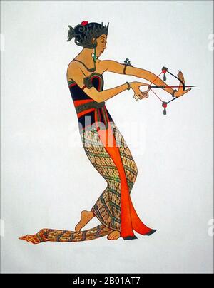 Indonesien: Javanische klassische Tänzerin. Aquarell mit Gouache-Gemälde von Tyra Kleen (29. Juni 1874 - 17. September 1951), 1920. Javanesischer Tanz ist der Tanz und die Kunstformen, die von der javanesischen Kultur geschaffen und beeinflusst wurden. Javanesischer Tanz wird in der Regel mit der höfischen, raffinierten und anspruchsvollen Kultur der javanesischen Kratons, wie dem Bedhaya- und Srimpi-Tanz, in Verbindung gebracht. Im weiteren Sinne umfasst der javanesische Tanz jedoch auch die Tänze javanesischer Bürger und Dorfbewohner wie Ronggeng, Tayub, Reog und Kuda Lumping. Stockfoto