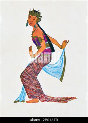 Indonesien: Javanische klassische Tänzerin. Aquarell mit Gouache-Gemälde von Tyra Kleen (29. Juni 1874 - 17. September 1951), 1920. Javanesischer Tanz ist der Tanz und die Kunstformen, die von der javanesischen Kultur geschaffen und beeinflusst wurden. Javanesischer Tanz wird in der Regel mit der höfischen, raffinierten und anspruchsvollen Kultur der javanesischen Kratons, wie dem Bedhaya- und Srimpi-Tanz, in Verbindung gebracht. Im weiteren Sinne umfasst der javanesische Tanz jedoch auch die Tänze javanesischer Bürger und Dorfbewohner wie Ronggeng, Tayub, Reog und Kuda Lumping. Stockfoto