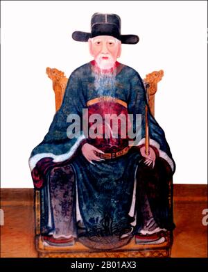 Vietnam: Nguyen Trai (1380-1442), Dichter, Patriot und Berater von Kaiser Le Loi (reg.1428-1433), Malerei des 16.. Jahrhunderts. Nguyễn Trãi, auch bekannt unter seinem Pseudonym Ức Trai, war ein illustrer vietnamesischer konfuzianischer Gelehrter, ein bekannter Dichter, ein erfahrener Politiker und ein Meistertaktiker. Ihm wurde zuweilen in seiner Eigenschaft als enger Freund und Hauptberater von Lê Lợi, Vietnams Heldenkönig, der für die Befreiung des Landes von der chinesischen Herrschaft kämpfte, fast wundersame oder mythische Taten zugeschrieben. Stockfoto
