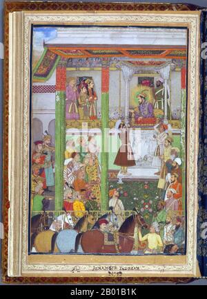 Indien: Kaiser Shah Jahan (5. Januar 1592 - 22. Januar 1666) empfängt Ali Mardan Khan in seinem durbar (Gericht). Miniaturmalerei, c. 1640. Shah Jahan war der fünfte Kaiser des Moghul-Reiches, regierte von 1628 bis 1658. Der Name Shah Jahan stammt von der persischen Bedeutung "König der Welt". Als er noch jung war, war er ein Favorit seines legendären Großvaters Akbar der große. Er ist auch als "Shah Jahan der Magnificent" bekannt. Die Zeit seiner Regierungszeit gilt als das goldene Zeitalter der Mogulexpansion; bis zum Ende seiner Herrschaft der Mogulreich bedeckt 3 Millionen Quadratkilometer und den größten Teil Indiens. Stockfoto