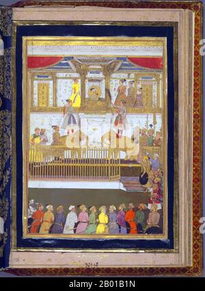 Indien: Shah Jahan (5. Januar 1592 - 22. Januar 1666) und sein Hof, der den Kaiser auf einem Balkon zeigt, gebrannt von Begleitern, die auf vergoldeten Elefanten stehen. Aquarell von Muhammad Ikhlas i Abid (fl. 18. Jahrhundert), 18. Jahrhundert. Shah Jahan war der fünfte Kaiser des Moghul-Reiches, regierte von 1628 bis 1658. Der Name Shah Jahan stammt von der persischen Bedeutung "König der Welt". Als er noch jung war, war er ein Favorit seines legendären Großvaters Akbar der große. Er ist auch als "Shah Jahan der Magnificent" bekannt. Die Zeit seiner Herrschaft gilt als das goldene Zeitalter der Mogulexpansion. Stockfoto