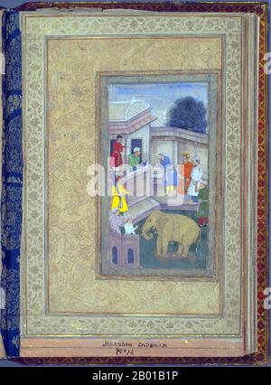 Indien: Kaiser Jahangir (20. September 1569 – 8. November 1627) saß an einem Fenster, das seinem Sekretär diktierte. Miniaturmalerei, c. 1640. Nur-ud-din Muhammad Salim Jahangir Badshah Ghazi war von 1605 bis 1627 der vierte Herrscher des Mogulreiches. Der Name Jahangir stammt aus dem Persischen und bedeutet „Eroberer der Welt“. Geboren als Prinz Muhammad Salim, war er der dritte und älteste überlebende Sohn des Moghul-Imperators Akbar. Nachdem er Kaiser geworden war, musste er bald gegen seinen eigenen Sohn, Prinz Khusrau Mirza, kämpfen, der auf der Grundlage des Willens von Kaiser Akbar, sein Erbe zu werden, versuchte, den Thron für sich zu beanspruchen. Stockfoto