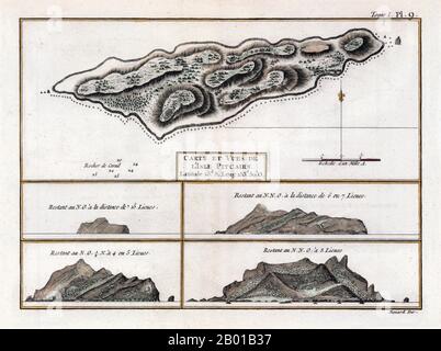 Pitcairn-Inseln: Französische Karte der Pitcairn-Insel von Jacques Renaud Benard (1731-1794), 1774. Die Pitcairn-Inseln, offiziell Pitcairn, Henderson, Ducie und Oeno genannt, bilden eine Gruppe von vier vulkanischen Inseln im südlichen Pazifik. Die Inseln sind ein britisches Überseegebiet (früher eine britische Kolonie), das letzte im Pazifik. Nur Pitcairn, das zweitgrößte und etwa 2 Meilen (3,2 km) große, ist bewohnt. Die Inseln sind am besten bekannt als Heimat der Nachkommen der Bounty-Meuterer und der Tahitianer (oder Polynesier), die sie begleiteten. Stockfoto