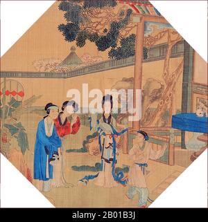 China: Lady Xing, du Erjie ('zweite Schwester Du'), du Sanjie ('Dritte Schwester Du') und ein Kind im Garten. Qing-Dynastie Gemälde einer Szene aus dem Traum der Roten Kammer, Mitte des 18.. Jahrhunderts. Dream of the Red Chamber (Pinyin: Hóng Lóu Mèng; Wade–Giles: Hung Lou Meng), komponiert von Cao Xueqin (4. April 1710 - 10. Juni 1765), ist einer der vier großen klassischen Romane Chinas. Es entstand irgendwann in der Mitte des 18.. Jahrhunderts während der Qing-Dynastie. Es ist ein Meisterwerk der chinesischen Volksliteratur und wird allgemein als Höhepunkt der klassischen chinesischen Romane anerkannt. Stockfoto