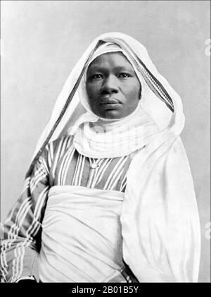 Sudan/USA: Mahbouba um Zanuba, eine 40-jährige Frau aus dem Sudan, auf der Chicago World's Fair 1893. Die Kolumbianische Weltausstellung fand von Mai bis Oktober 1893 in Chicago zu Ehren des 400.. Jahrestages der Entdeckung der neuen Welt durch Kolumbus statt. Die Ausstellung wurde auf 630 Hektar im und um Jackson Park gebaut. Es war eine spektakuläre Darstellung von Fortschritt und Wohlstand und zählte zu den vielen Wunderwerken elektrischer Ausstellungen, Ausstellungen aus anderen Ländern und einem beliebten Vergnügungsviertel auf der Midway Plaisance. Stockfoto