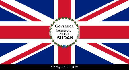 Sudan: Flagge des Generalgouverneurs des anglo-ägyptischen Sudan. Der Begriff Anglo-ägyptischer Sudan bezieht sich auf den Zeitraum zwischen 1891 und 1956, als der Sudan als Kondominium von Ägypten und dem Vereinigten Königreich verwaltet wurde. Der Sudan (bestehend aus dem heutigen Sudan und dem Südsudan) wurde de jure legal zwischen Ägypten und dem britischen Imperium geteilt, wurde aber de facto von letzterem kontrolliert, wobei Ägypten in Wirklichkeit nur begrenzte lokale Macht genießt, da Ägypten selbst unter zunehmenden britischen Einfluss fiel. Während der ägyptischen Revolution von 1952 forderte Ägypten das Ende der Eigentumswohnung und führte zur Unabhängigkeit des Sudan. Stockfoto