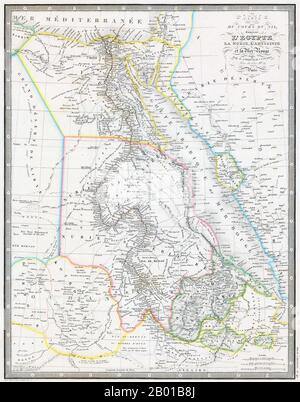 Nordostafrika: Karte des Nils von seiner Quelle in Abessinien bis zum Mittelmeer, von Jean Andriveau-Goujon (1832-1897), 1858. Der Schwerpunkt dieser Karte liegt eindeutig auf der Route des Blauen Nils zu seiner Kreuzung mit dem Weißen Nil bei Khartum und dem kombinierten Flusslauf zum Mittelmeer. Zahlreiche Ortsnamen sind dargestellt, ebenso die sechs Katarakte des Flusses zwischen Assuan und Khartum. Die Monde (montagnes de la lune) befinden sich in der linken unteren Ecke, wo sich die Quellen des Weißen Nils noch immer der Entdeckung entziehen. Stockfoto