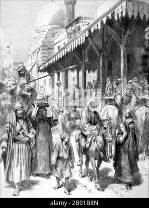 Sudan: 'Der Sklavenmarkt in Khartum'. Zeichnung von Godefroy Durand (1832. - 27. September 1896), 16. Januar 1892. Eine Zeichnung aus 'The Graphic', London. Im Begleittext heißt es: "Der HauptSklavenmarkt besteht aus einem großen Steingebäude mit einer Veranda. Die Sklaven werden in der Regel auf die Veranda gebracht, wo eine Gruppe von Stammgästen sitzt, raucht ihre Nargilehs und trinkt Kaffee. Die Sklaven sind meist Mädchen im Alter von zehn bis sechzehn Jahren.“ Gezeichnet von Durand aus einer Skizze von P. Oberwalder, der mit zwei Nonnen vor kurzem den Mahdisten entkam. Stockfoto