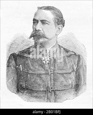 Vietnam/Frankreich: General Philippe-Marie-Henri Roussel de Courcy (30. Mai 1827 - 8. November 1887), Kommandeur des Tonkin Expeditionary Corps (r. 1885-1886). Gravur, 1886. Die Tonkin-Kampagne (französisch: Campagne du Tonkin) war ein bewaffneter Konflikt, der zwischen Juni 1883 und April 1886 von den Franzosen gegen die Vietnamesen, Liu Yongfus Armee mit schwarzer Flagge und die chinesischen Armeen Guangxi und Yunnan geführt wurde, um Tonkin (Nordvietnam) zu besetzen und dort ein französisches Protektorat zu verankern. Stockfoto