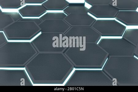 Sechseckige schwarze, abstrakte Hintergrundfarbe. 3D-Rendering Stockfoto