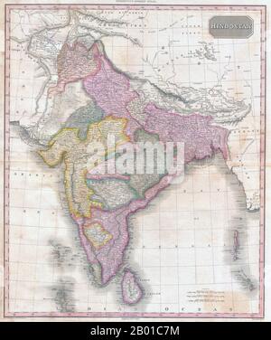 Indien/Südasien: Karte von Hindostan zeigt British Raj von John Pinkerton (17. Februar 1758 - 10. März 1826), c. 1818. Hindostan-Karte aus Pinkertons modernem Atlas, Anfang 19.. Jahrhundert. Sie umfasst den Subkontinent von Tibet bis Ceylon (Sri Lanka) und von der Mündung des Indus bis zum Königreich Pegu (Birma/Myanmar). Die Karte kodiert auch verschiedene politische Spaltungen und fürstliche Staaten. Stockfoto