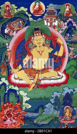 Bhutan: Ein Thangka von Guru Nyima Ozer (1124-1192), Do Khachu Gompa, Chukka, Ende des 19.. Jahrhunderts. Nyangrel Nyima Ozer war ein wichtiger Nyingma terton (ein Offenbarer von Terma-Schatztexten) und galt als die Reinkarnation von König Trisong Detsen. Als Laienyogi mit zwei Söhnen hatte er schon seit jungen Jahren Visionen von verschiedenen Buddhas und Bodhisattvas erhalten, insbesondere von Padmasambhava. Er war einflussreich bei der Verbreitung des Kults von Padmasambhava, beim Schreiben einer Geschichte von ihm und bei der Verbreitung seiner Lehren in ganz Tibet. Stockfoto