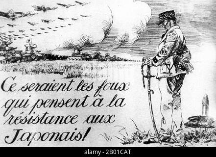 Vietnam/Frankreich: „Nur der Verrückte würde an Widerstand gegen die Japaner denken“. Japanisches/Vichy-Propagandaflyer, c. 1941. Die japanische Invasion der französischen Indochina, auch bekannt als Vietnam-Expedition, war ein Schritt des japanischen Imperium im September 1940, während des Zweiten Chinesisch-Japanischen Krieges, um China daran zu hindern, Waffen und Treibstoff über die französische Indochina zu importieren, Über die chinesisch-vietnamesische Eisenbahn vom Hafen Haiphong über Hanoi nach Kunming in Yunnan. Japan besetzte Nord-Indochina, was die Blockade Chinas verschärfte und die Fortsetzung der Schlacht von Süd-Guangxi überflüssig machte. Stockfoto