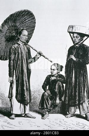 Vietnam: Gut-to-do Vietnamesisch in Hue, Annam. Lithographiedruck von Charles-Paul Brossard de Corbigny (26. März 1822 - 5. August 1900), 1878. Huế avancierte ursprünglich zur Hauptstadt der Nguyễn Lords, einer feudalen Dynastie, die einen Großteil des südlichen Vietnams vom 17.. Bis zum 19.. Jahrhundert dominierte. 1775, als Trịnh Sâm sie eroberte, wurde sie als Phú Xuân bekannt. 1802 gelang es Nguyễn Phúc Ánh (später Kaiser Gia Long), seine Kontrolle über ganz Vietnam zu etablieren und Huế zur nationalen Hauptstadt zu machen. Huế war bis 1945 die Landeshauptstadt. Stockfoto