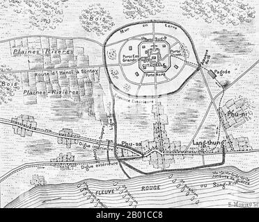 Vietnam: Karte von Son Tay, Dezember 1883. Aus L'Illustration, 25. Februar 1884. Die Tonkin-Kampagne (französisch: Campagne du Tonkin) war ein bewaffneter Konflikt, der zwischen Juni 1883 und April 1886 von den Franzosen gegen die Vietnamesen, Liu Yongfus Armee mit schwarzer Flagge und die chinesischen Armeen Guangxi und Yunnan geführt wurde, um Tonkin (Nordvietnam) zu besetzen und dort ein französisches Protektorat zu verankern. Stockfoto