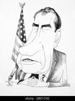 USA: Richard Nixon (9. Januar 1913 - 22. April 1994) mit gefalteten Händen, vor einem Mikrofon vor einer amerikanischen Flagge sitzend. Karikatur von Edmund Valtman (31. Mai 1914 - 12. Januar 2005, gemeinfrei), 1970. Richard Milhous Nixon war 37. Präsident der Vereinigten Staaten und diente von 1969 bis 1974. Nixon ist der einzige Präsident, der sein Amt niedergelegt hat. Nixon erbte den Vietnamkrieg von seinen Vorgängern Kennedy und Johnson. Das amerikanische Engagement in Vietnam war weit unpopulär; obwohl Nixon den Krieg dort zunächst eskalierte, setzte er sich anschließend dafür ein, die US-Beteiligung zu beenden. Stockfoto