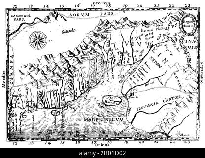 Vietnam: Eine Tonkin-Karte von Alexandre de Rhodes (15. März 1593 - 5. November 1660), 1651. Eine der frühesten westlichen Karten, die Details von Nord- und Zentralvietnam zeigt, erschien in Pater Alexander de Rhodes' 'Histoire du royaume de Tunquin', veröffentlicht 1650 in Rom. Diese Karte stammt aus der französischen Ausgabe, die ein Jahr später in Lyon veröffentlicht wurde. Mit dem Norden nach rechts orientiert, zeigt 'Regnu Annam' das Ausmaß des Vietnam des 17. Jahrhunderts, das zu der Zeit zwischen zwei rivalisierenden Dynastien aufgeteilt war. Überreste des Cham-Königreichs, die schließlich von den Vietnamesen zerstört wurden, existierten im Süden noch immer. Stockfoto