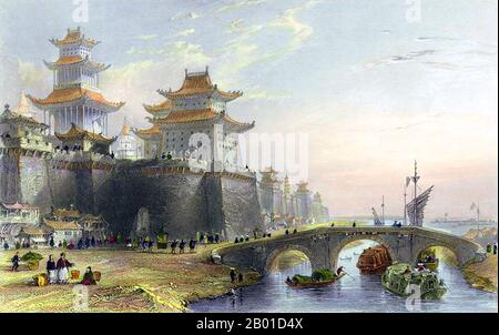 China: Pingzi Men, das Westtor von Peking - offenbar eine 19.-Jahrhundert-Version von William Alexanders Studie von Thomas Allom aus dem Jahr 1799 (13. März 1804 - 21. Oktober 1872). Nach einem Aquarell von William Alexander (1767-1816) von Pingze Men, dem Westtor von Peking. Alexander begleitete Lord Macartney auf seiner Botschaft zum chinesischen Kaiser Qiang Long. Die Macartney-Botschaft, auch Macartney-Mission genannt, war 1793 eine britische Botschaft in China. Die Mission lief von 1792-1794. Es ist nach dem ersten Gesandten Großbritanniens in China, George Macartney, benannt, der die Bemühungen leitete. Stockfoto
