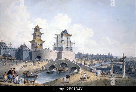 China: Pingzi Men, das Westtor von Peking. Aquarell von William Alexander (10. April 1767-23. Juli 1816), 1799. Alexander begleitete Lord Macartney auf seiner Botschaft zum chinesischen Kaiser Qian Long. Die Macartney-Botschaft, auch Macartney-Mission genannt, war 1793 eine britische Botschaft in China. Die Mission lief von 1792 bis 94. Es ist nach dem ersten Gesandten Großbritanniens in China, George Macartney, benannt, der die Bemühungen leitete. Ziel der Botschaft war es, den chinesischen Kaiser Qianlong zu überzeugen, Handelsbeschränkungen zwischen Großbritannien und China zu lockern. Stockfoto