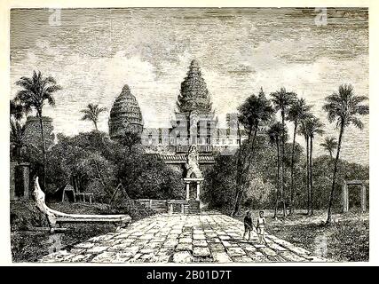 Kambodscha: Eine Skizze von Angkor Wat, von Henri Mouhot (15. Mai 1826 - 10. November 1861), 1860. Angkor Wat wurde für König Suryavarman II. (R. 1113-1150) im frühen 12.. Jahrhundert als Staatstempel und Hauptstadt. Als besterhaltener Tempel am Standort Angkor ist er der einzige, der seit seiner Gründung ein bedeutendes religiöses Zentrum geblieben ist – zuerst Hindu, dem gott Vishnu gewidmet, dann Buddhist. Der Tempel, das größte religiöse Gebäude der Welt, steht an der Spitze des hohen klassischen Stils der Khmer-Architektur. Sie ist zu einem Symbol Kambodschas geworden und steht auf ihrer Nationalflagge. Stockfoto