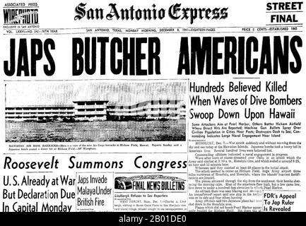 USA/Japan: Schlagzeile des San Antonio Express (Texas) am 8. Dezember 1941, am Tag nach dem japanischen Angriff auf Pearl Harbour. Der Angriff auf Pearl Harbor war ein überraschender militärischer Angriff der kaiserlichen japanischen Marine gegen den US-Marinestützpunkt in Pearl Harbor, Hawaii, am Morgen des 7. Dezember 1941 (8. Dezember in Japan). Der Angriff war als Präventivmaßnahme gedacht, um die USA zu halten Die pazifische Flotte hat sich nicht in militärische Aktionen eingemischt, die das Reich von Japan in Südostasien geplant hatte. Stockfoto