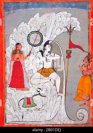 Indien: "Shiva Bearing the Descent of the Ganges River". Aquarell-Folio aus einem Hindi-Manuskript des heiligen Narayan, c. 1740. Shiva mit dem Abstieg des Ganges, während Parvati und Bhagiratha und der Stier Nandi zuschauen. In den Ramayana, den Mahabharata und mehreren Puranas erzählt und erzählt, beginnt die Geschichte mit einem Salbei, Kapila, dessen intensive Meditation von den sechzigtausend Söhnen von König Sagara gestört wurde. Kapila verärgert, dass sie gestört werden, lässt sie mit seinem zornigen Blick brüllen, zersetzt sie zu Asche und entsendet sie in die Unterwelt. Stockfoto
