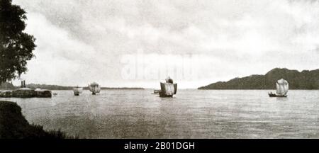 Burma: Der Irrawaddy River in der Nähe von Prome, c. 1892-1896. Die britische Eroberung Birmas begann 1824 als Reaktion auf einen birmanischen Versuch, Indien zu erobern. 1886 und nach zwei weiteren Kriegen hatte Großbritannien das ganze Land in den britischen Raj aufgenommen. Um den Handel anzukurbeln und Veränderungen zu erleichtern, brachten die Briten Inder und Chinesen ein, die die Burmesen schnell in städtische Gebiete vertrieben. Bis heute haben Rangoon und Mandalay große ethnische Indianer. Eisenbahnen und Schulen wurden gebaut, ebenso wie zahlreiche Gefängnisse, darunter das berüchtigte Insein-Gefängnis. Stockfoto