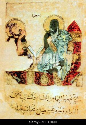 Naher Osten: Aristoteles (384-322 BCE) unterrichtet Alexander den Großen. Aus Kitab na't al-hayawan wa-manafi'ihi ('Tiere und ihre Verwendung'), c. 1220. Aristoteles (Griechisch: Ἀριστοτέλης, Aristotélēs) war ein griechischer Philosoph, ein Schüler von Plato und Lehrer von Alexander dem Großen. Aristoteles wurde zum Leiter der königlichen Akademie von Macedon ernannt. In dieser Zeit gab er nicht nur Alexander Unterricht, sondern auch zwei weiteren zukünftigen Königen: Ptolemäus und Kassander. Seine Schriften decken viele Themen ab, einschließlich Physik, Poesie, Theater, Musik, Logik, Rhetorik, Linguistik, Politik, Regierung und mehr. Stockfoto