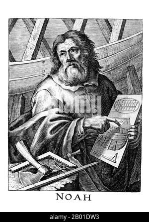 Deutschland: Noah. Gravur von Peter Paul Troschel (c. 1620-1667) für Christoph Gerhard, 1659. Noah (oder Noe, Noach) war, laut der hebräischen Bibel, der zehnte und letzte der antediluvianischen Patriarchen. Die biblische Geschichte von Noah ist in Kapitel 6-9 des Buches von Genesis enthalten, wo er seine Familie und Vertreter aller Tiere vor der Flut rettet, indem er eine Arche errichtet. Er wird auch als „erster Ehemann“ und in der Geschichte des Fluchs von Schinken erwähnt. Noah wird in späteren abrahamischen Traditionen ausführlich ausgearbeitet. Noah wird auch mehrmals im Koran erwähnt. Stockfoto