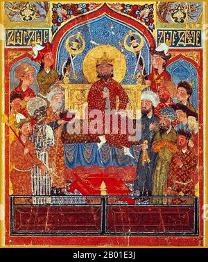 Iran/Persien: "Iskandar Enthroned". Alexander der große sitzt auf seinem Thron, Gouache-Beleuchtung von Demotte Shah Nama, c. 1335. Shahnameh oder Shah-nama (Persisch: شاهنامه šāhnāmeh "das Buch der Könige") ist ein langes episches Gedicht, das der persische Dichter Ferdowsi (Firdausi) zwischen 977 und 1010 CE geschrieben hat und das nationale Epos der kulturellen Sphäre des Großen Iran ist. Der aus etwa 60.000 Versen bestehende Shahnameh erzählt die mythische und historische Vergangenheit des (größeren) Iran von der Entstehung der Welt bis zur islamischen Eroberung Persiens im 7. Jahrhundert. Stockfoto