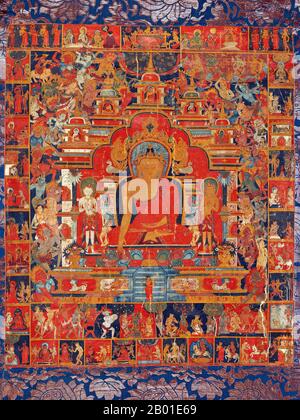 Tibet/China: Thangka-Gemälde mit Szenen aus dem Leben des Buddha Sakyamuni, Lhasa, 14. Jahrhundert. Siddhārtha Gautama (Sanskrit: सिद्धार्थ गौतम; Pali: Siddhattha Gotama) war eine spirituelle Lehrerin aus dem alten Indien, die den Buddhismus gründete. In den meisten buddhistischen Traditionen gilt er als der oberste Buddha (P. sammāsambuddha, S. samyaksaṃbuddha) unserer Zeit, „Buddha“ bedeutet „erwachter“ oder „erleuchteter“. Der Zeitpunkt seiner Geburt und seines Todes ist ungewiss: Die meisten Historiker aus dem frühen 20. Jahrhundert datierten sein Leben als c. 563 BCE bis 483 BCE, aber jüngere Meinung geht auf seinen Tod zwischen 486-483 BCE. Stockfoto