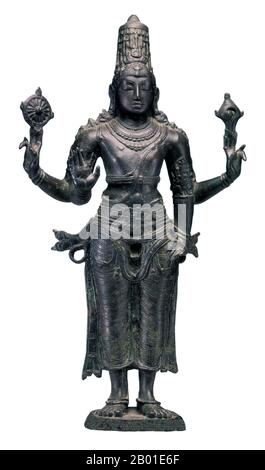 Indien: Statue von Vishnu Standing, Tamil Nadu, Chola Era, c. 990 CE. Vishnu (Sanskrit विष्णु Viṣṇu) ist der oberste gott in der vaishnavitischen Tradition des Hinduismus. Smarta-Anhänger von Adi Shankara, unter anderem, verehren Vishnu als eine der fünf primären Formen Gottes. Vishnu Sahasranama erklärt Vishnu zu Paramatma (höchste Seele) und Parameshwara (oberster Gott). Er beschreibt Vishnu als das allumfassende Wesen aller Wesen, den Meister der Vergangenheit, Gegenwart und Zukunft, der das Universum unterstützt, erhält und regiert und alle Elemente innerhalb des Universums hervorbringt und entwickelt. Stockfoto