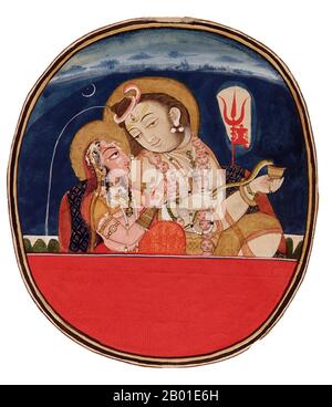 Indien: Shiva mit seiner Gemahlin Parvati, Mewari Watercolour miniature von Chokha (FL. 1779-1826), Udaipur oder Devgarh, c. 1820. Shiva (Sanskrit: शिव Śiva, was "die Glückliche" bedeutet) ist eine große hinduistische Gottheit und ist der zerstörergott oder Transformator unter den Trimurti, der Hindu-Dreifaltigkeit der wichtigsten Aspekte des Göttlichen. Shiva ist dreiäugig dargestellt, das Wasser des Ganges saugt von seinem Oberknoten. Parvati (Sanskrit: पार्वती (IAST: Pārvatī)) ist eine hinduistische Göttin. Parvati ist Shakti selbst, gilt als Ehefrau von Shiva, wenn auch mit dem sanften Aspekt von Mahadevi, der obersten Göttin. Stockfoto