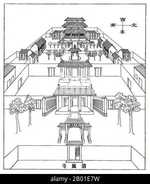 China: Die Kaifeng-Synagoge auf der Grundlage einer Zeichnung des Jesuiten Père Jean Domange (1666-1735), 1722. Die Kaifeng-Juden sind Mitglieder einer kleinen jüdischen Gemeinde, die seit Hunderten von Jahren in Kaifeng, in der chinesischen Provinz Henan, existiert. Die Juden im modernen China nennen sich traditionell Youtai (aus Judah) auf Mandarin-Chinesisch, was auch der vorherrschende Begriff in der chinesischen Sprache für Juden im Allgemeinen ist. Die Gemeinschaft war jedoch von ihren Han-Chinesen als Anhänger von Tiaojinjiao bekannt, was locker die Religion bedeutet, die die Sehne entfernt (ein Verweis auf Kashrut). Stockfoto